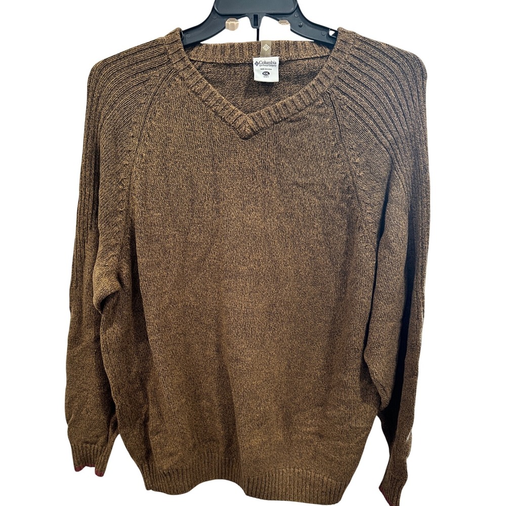 Columbia Mens V Neck Sweater Brown Heather Knit Cotton Casual Size‎ XXL